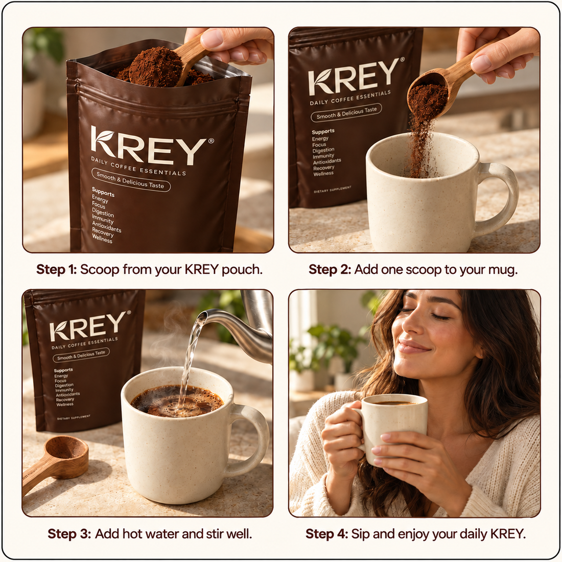 KREY Daily Coffee Essentials pouch with product highlights
